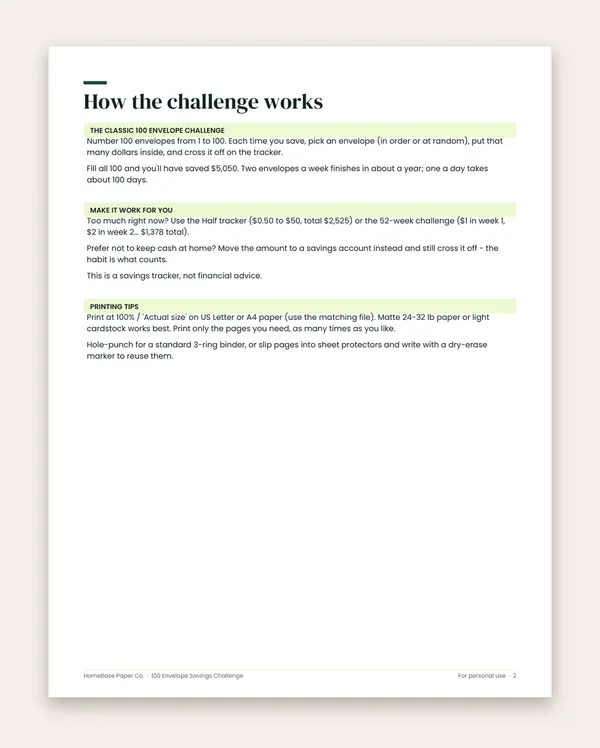 100 Envelope Savings Challenge: Page 2 of 8
