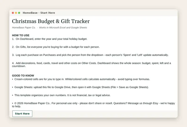 Christmas Budget & Gift Planner: Spreadsheet tab: Start Here