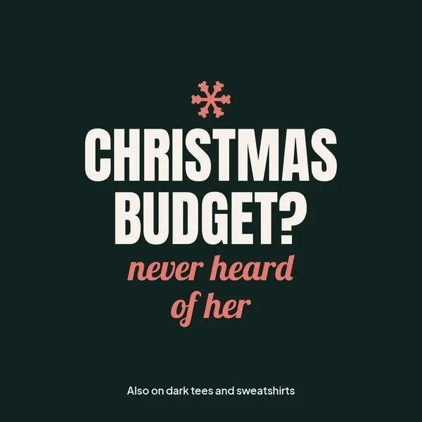 "Christmas Budget? Never Heard of Her" design for dark products