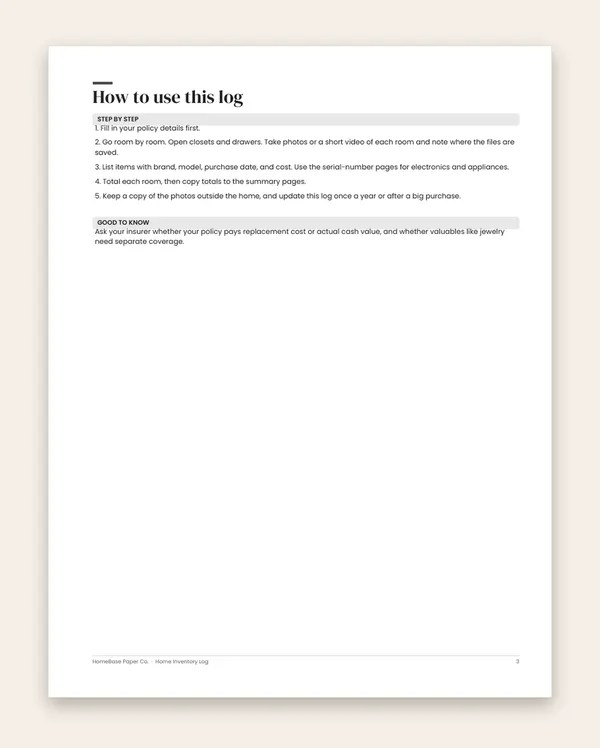 Home Inventory Log (Paperback): Page 3 of 120