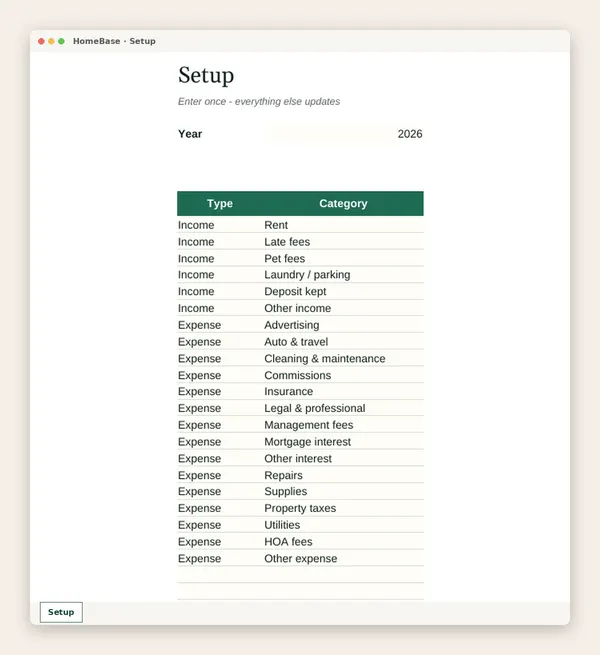 Rental Property Tracker: Spreadsheet tab: Setup