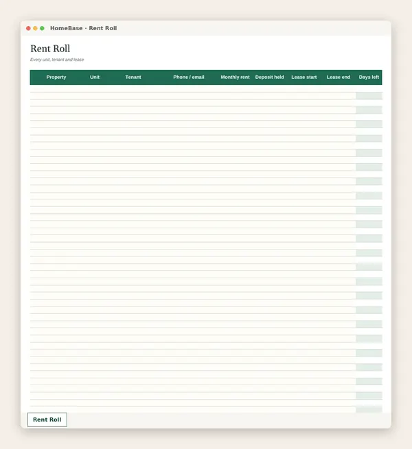 Rental Property Tracker: Spreadsheet tab: Rent Roll