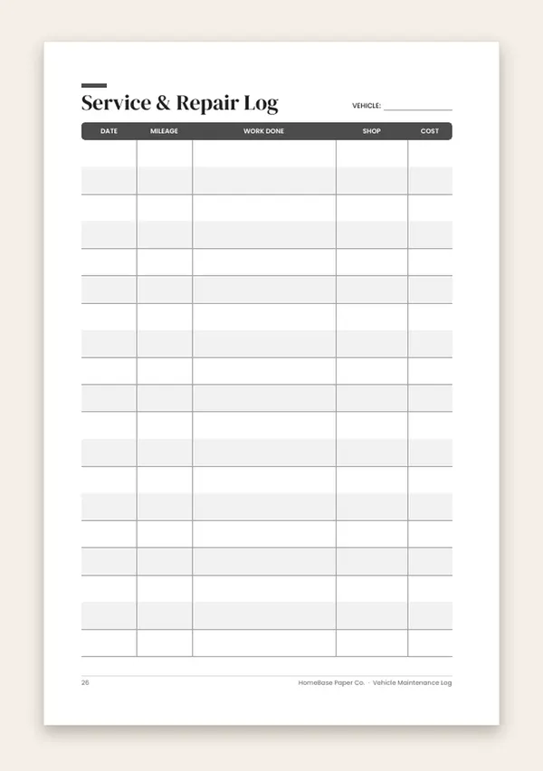 Vehicle Maintenance Log (Paperback) – inside: Page 26 of 120
