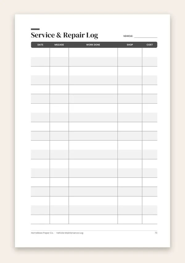 Vehicle Maintenance Log (Paperback) – inside: Page 73 of 120